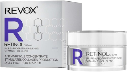 Retinolcrème in een pot met doos, voor rimpelvermindering en huidbescherming.