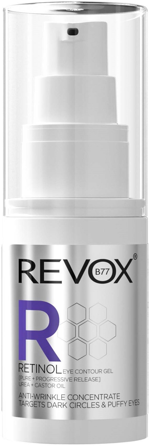 Witte fles met pomp, label Revox R Retinol ooggel, tegen donkere kringen en gezwollen ogen.
