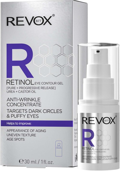 Een doos en fles Revox Retinol Oogcontour Gel, vermindert rimpels en donkere kringen.