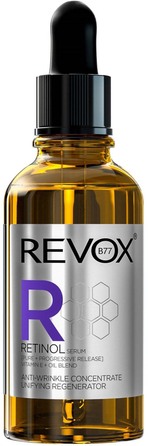 Een klein flesje met een zwarte druppelkop, met een gouden vloeistof, gelabeld REVXX R Retinol Serum.