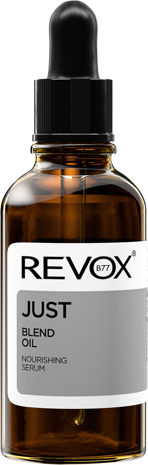 Een bruin glazen fles met een zwarte pipette, labelt 'REVIX JUST blend oil nourishing serum'.