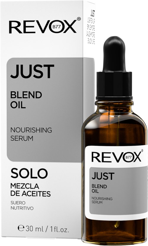Een doos en fles Revox Just Blend Oil Nourishing Serum met zwarte pipetdop, bruin glas, eenvoudig label.
