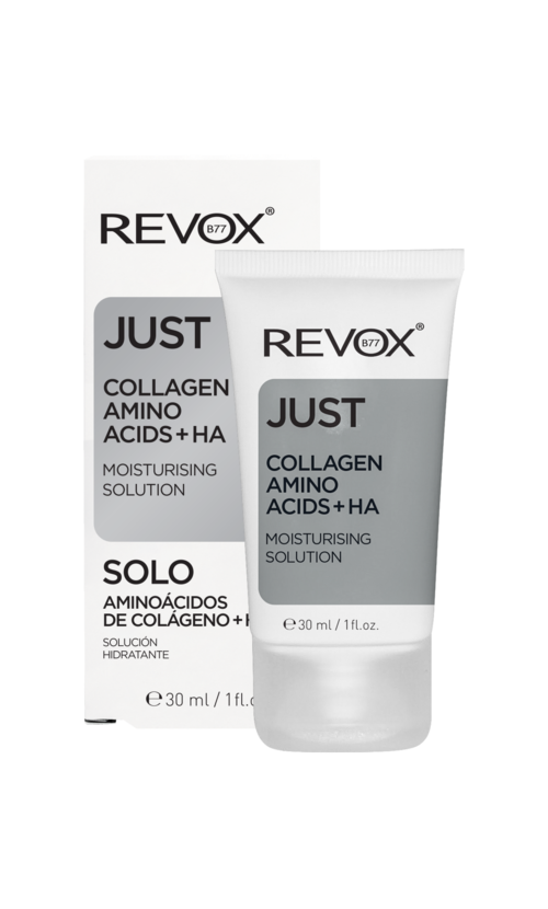 Een tube van Revox Just Collagen Amino Acids+HA hydraterende oplossing met doos ernaast.