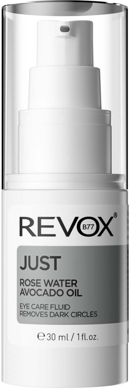 Een witte fles met pomp, gemarkeerd 'REVIX JUST,' bevat rozenwater en avocado-olie voor oogverzorging.