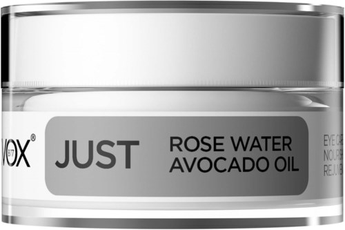 Een potje met label 'JUST Rose Water Avocado Oil' met eenvoudig ontwerp en duidelijke tekst.
