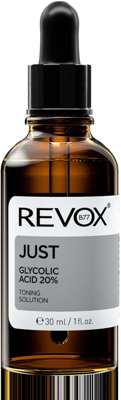 Kleine bruin glazen fles met zwarte pipetdop, gelabeld 'Revox Just Glycolic Acid 20%'.