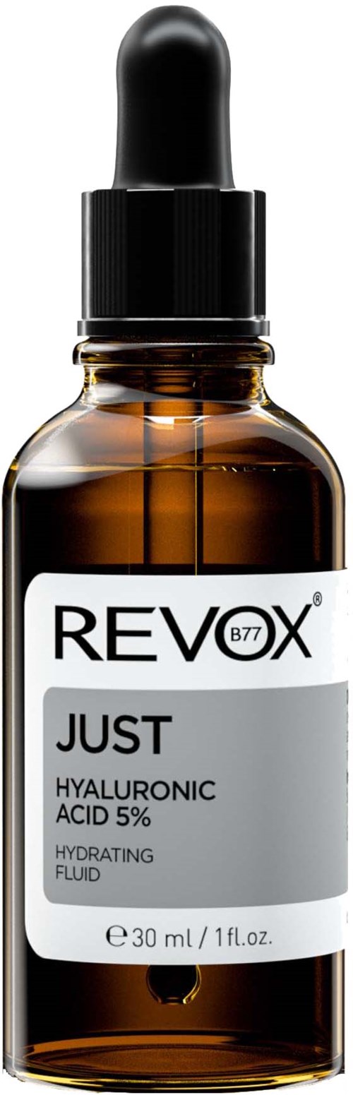 Kleine bruine bottle met zwarte pipetdop, labelt 'REVIX JUST Hyaluronic Acid 5% Hydrating Fluid.'