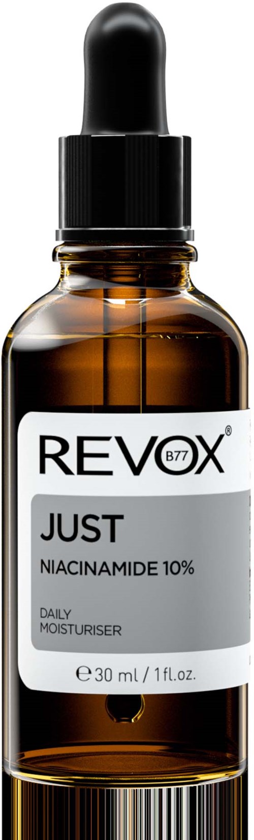 Klein bruin glazen fles met een zwarte pipetdop, gelabeld 'REVORX JUST NIACINAMIDE 10% DAILY MOISTURISER'.