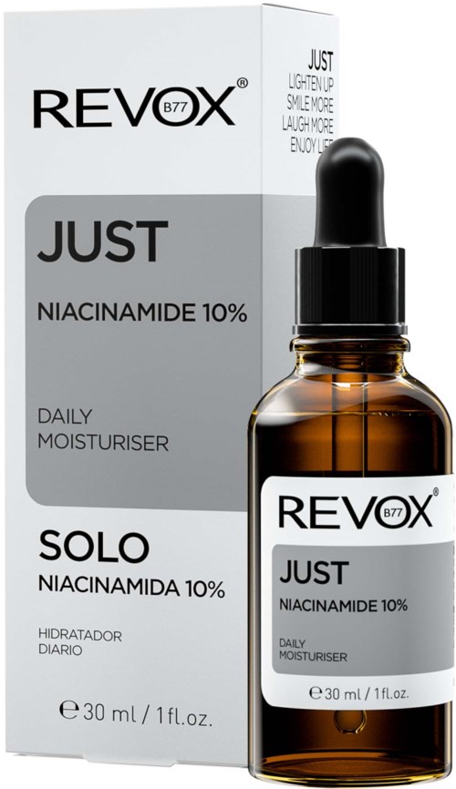 Een bruin flesje met pipet naast een doos. Het is een huidverzorgingsproduct genaamd Revex Just Niacinamide 10%.