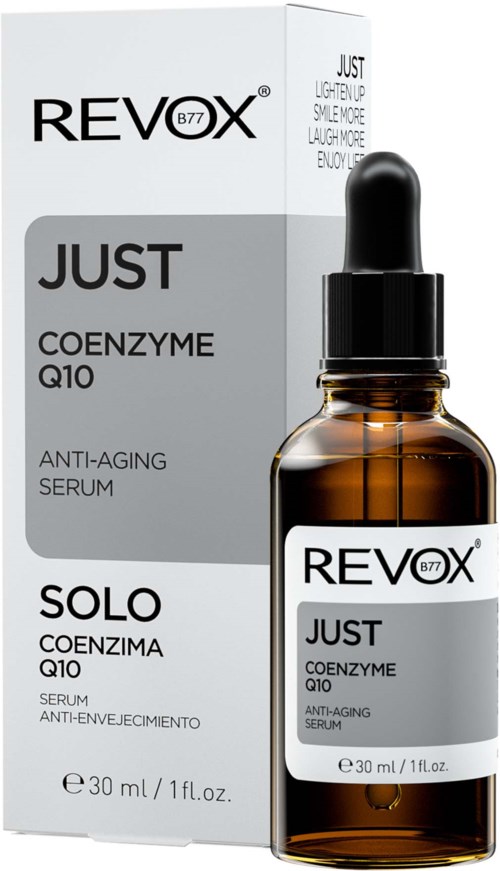 Een bruin glazen fles met een zwarte druppelkop naast een doos met RevoX JUST Coenzyme Q10 serum.