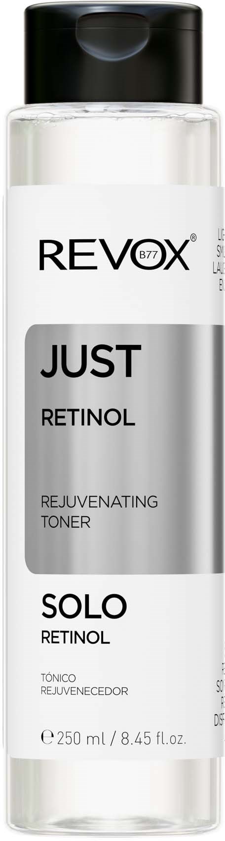 En klar cylindrisk flaska med svart lock, märkt 'REVOVX JUST RETINOL' för hudföryngring. 250 ml kapacitet.