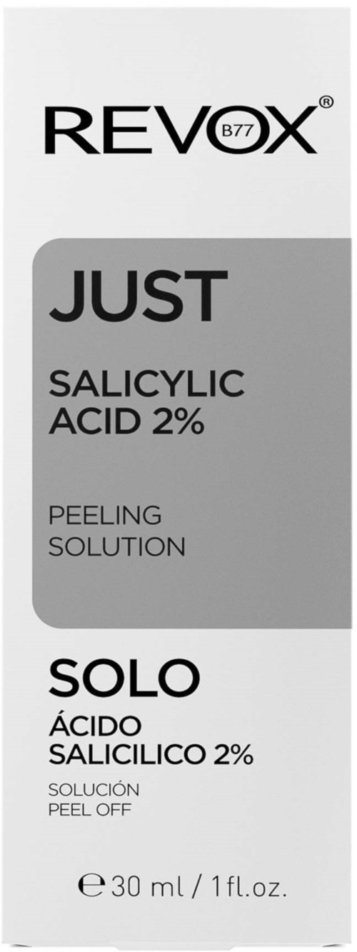 Een verpakking set voor een huidverzorgingsproduct met salicylzuur voor peeling, met Engelse en Spaanse tekst.