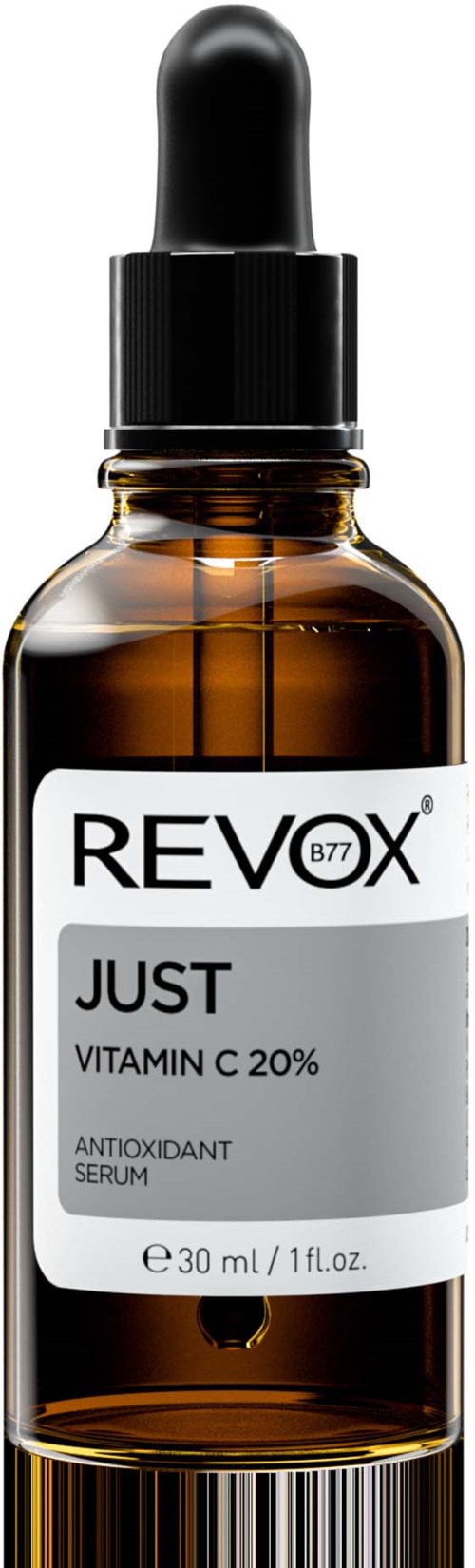 Een klein donker glazen flesje met pipet, labeled "REV ORX JUST Vitamin C 20%" en "Antioxidant Serum."