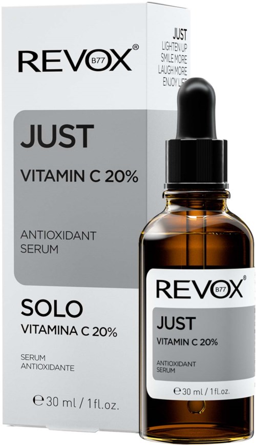 Bruine glazen fles met pipet en doos gemerkt REVIX JUST Vitamin C 20% antioxidanten serum, 30 ml.