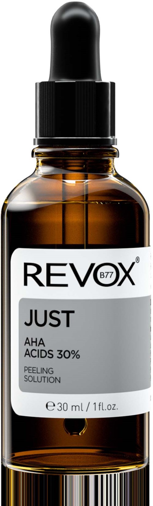 Een bruin glazen fles met een zwarte druppelpipet, gemarkeerd 'REVORX JUST AHA ACIDS 30%' voor huidpeeling.