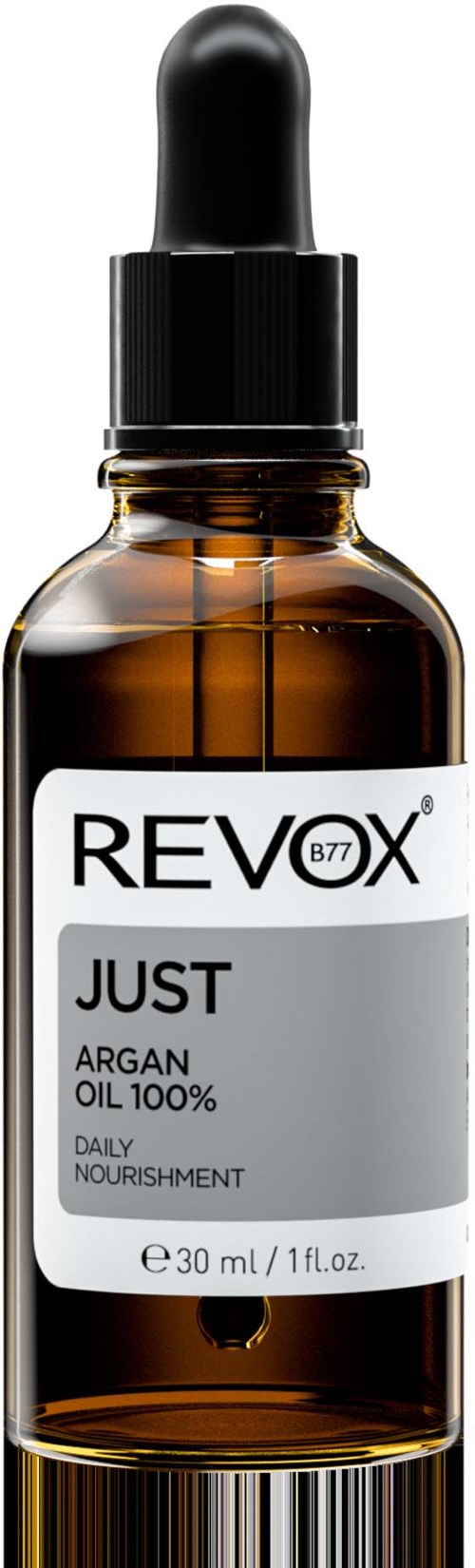 Bruine glazen fles met zwarte druppelaar, gelabeld 'Revox Just Argan Oil 100%'.