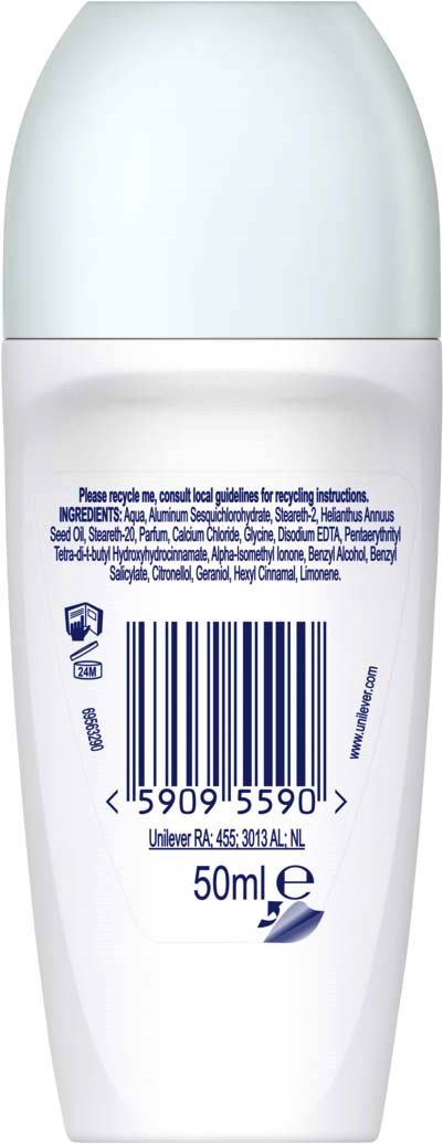 Een witte fles met label die barcode, ingrediënten en capaciteit van 50 ml toont. Bevat huidverzorgings- of cosmeticaproduct.
