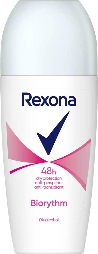 Een witte fles Rexona Biorythm antiperspirant met een paarse vink, belooft 48 uur bescherming, alcoholvrij.