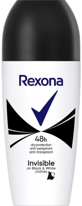 Rexona deodorant sprayfles met zwart-wit ontwerp, vermeldt 48 uur bescherming en onzichtbaarheid op zwarte en witte kleding.