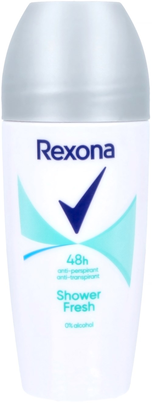 Een Rexona-deodorantsprayfles met zilveren dop en blauw-wit ontwerp.