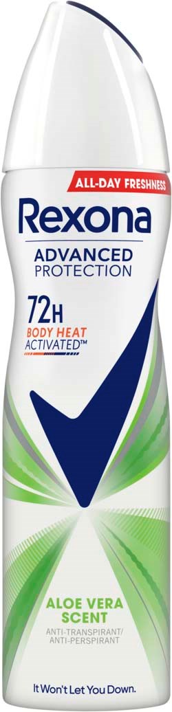 A spray deodorant can with a white and blue design, labeled Rexona Aloe Vera scent for long-lasting protection.