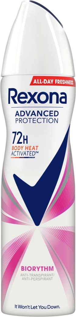 Hajuste deodoranttipulasi, jossa lukee 'Rexona Advanced Protection' ja suuri tarkistusmerkki pinkillä kuvioilla.