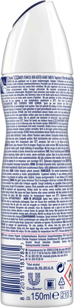Pitkä, kaareva deodoranttisti, jossa on valkoinen kansi ja tekstitäytetty sininen etiketti.