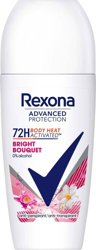 Een witte deodorant sprayfles met Rexona-logo, een grote vink en roze bloemen.