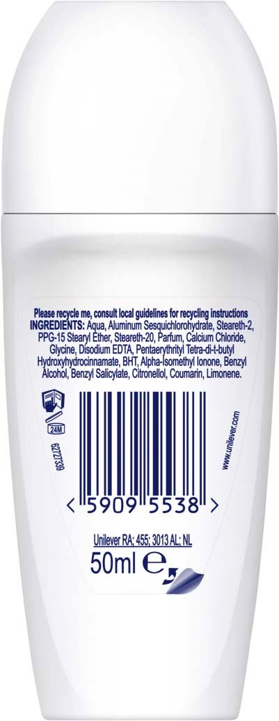 Een witte fles met een label met ingrediënten, barcode en 50ml capaciteit.