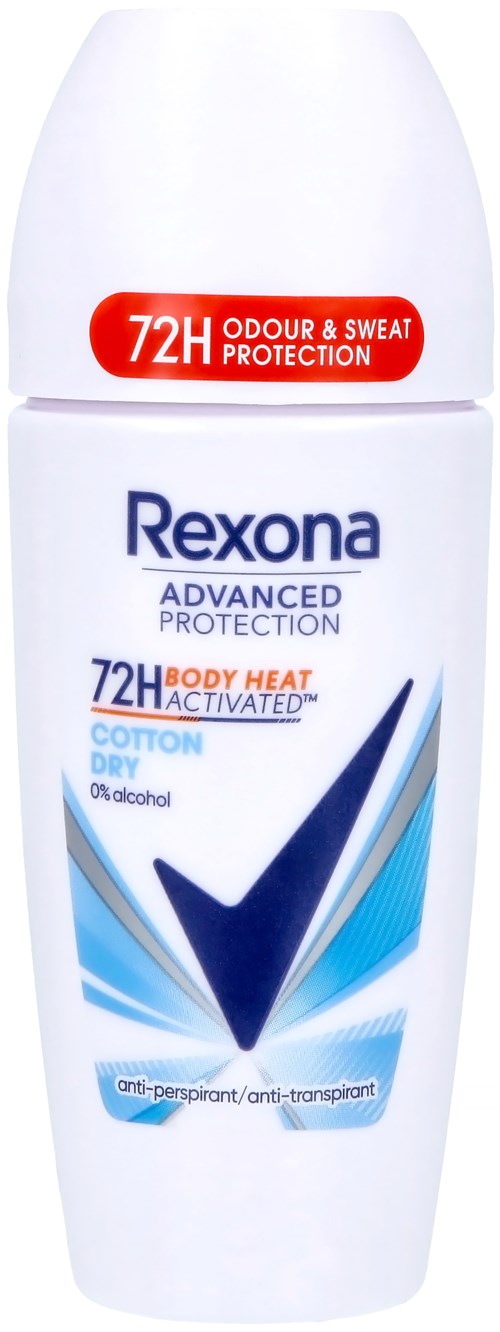 Rexona deodorantfles met 72 uur bescherming, benadrukt vocht- en geurbijncontrole, droge katoengeur, geen alcohol.
