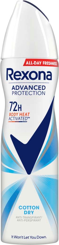 En deodorant fra Rexona med blå og hvite farger, som viser at den gir 72 timers beskyttelse og er bomullstørr.