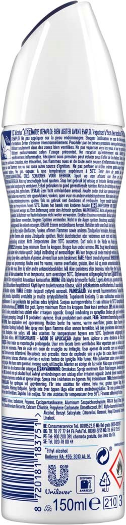 En sprayflaske med hvit hette og blå etikett, inneholder 150 ml med tekstinstruksjoner og symboler.