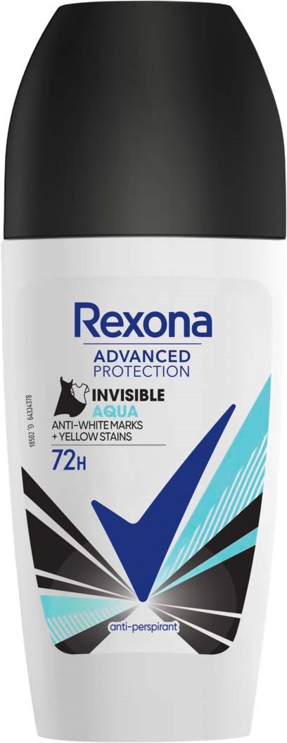 A roll-on deodorant with black cap, white body, blue and black design, and text about protection and anti-white marks.