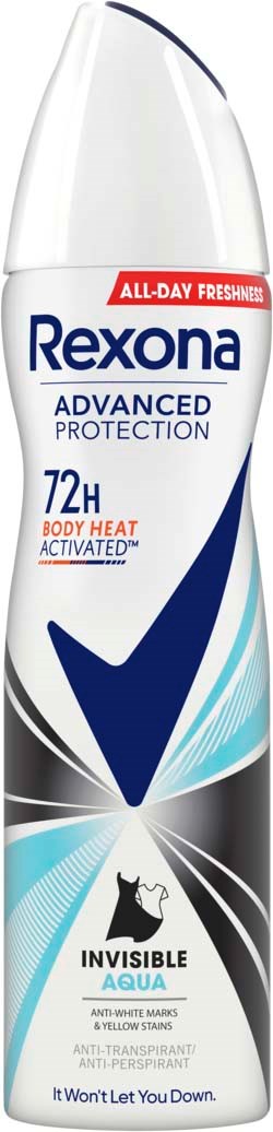 En flaske Rexona-deodorant med hvit og blå etikett, nevner 72 timers beskyttelse og kroppstemperaturaktivert.