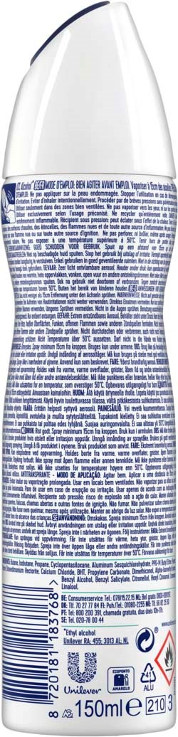En høy,hvitt deodorant sprayboks med blå tekst og hvit hett.