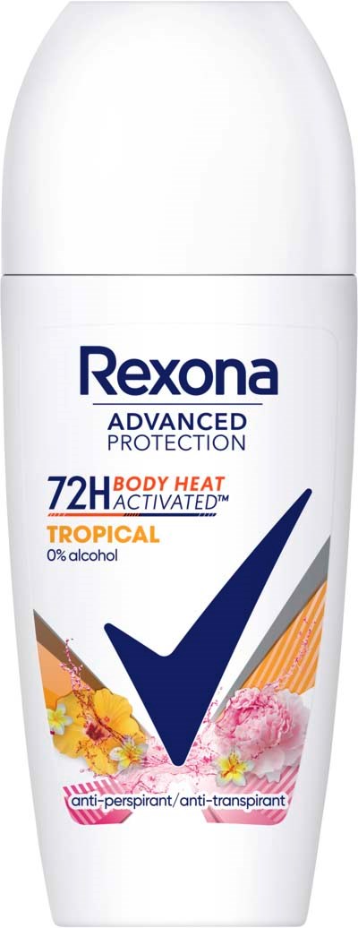Rexona deodorant met tropische geur, 72 uur bescherming, grote vink en kleurrijke bloemen op label.