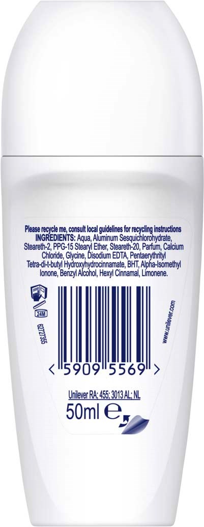 Witte fles met streepjescode, 50 ml, ingrediënten aan de achterkant.