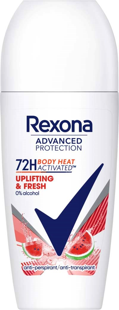 En hvit Rexona-deodorantspray med blå, røde og svarte tekster og grafikk, som indikerer beskyttelse og friskhet.