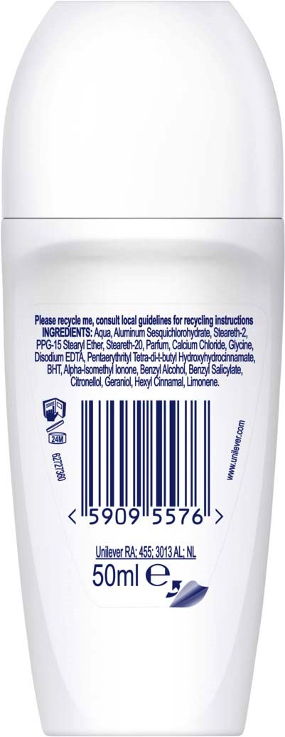 Hvit flaske med strekkode, ingredienser og volum, sannsynligvis et kosmetisk eller hudpleieprodukt.