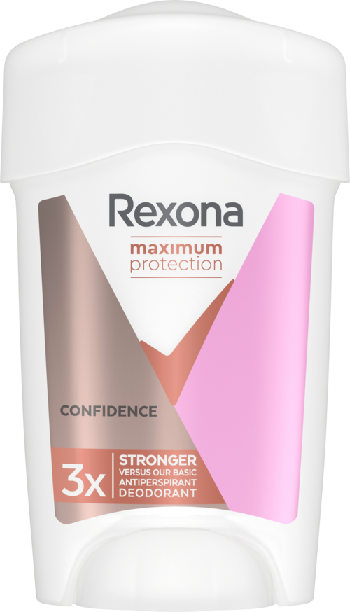 Een witte Rexona-rollerdeodorant met roze, beige en grijze design elementen en tekst over bescherming en kracht.