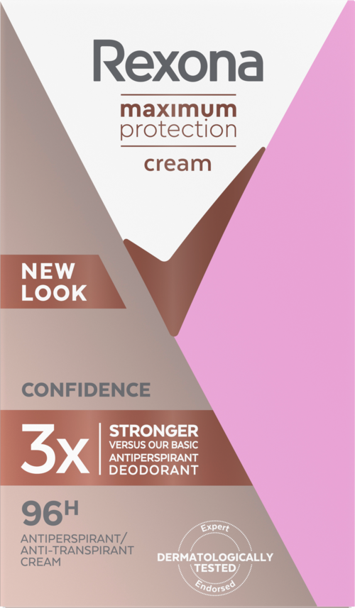 Een Rexona deodorant wordt getoond, belooft maximale bescherming en is drie keer sterker dan basisdeodorants.