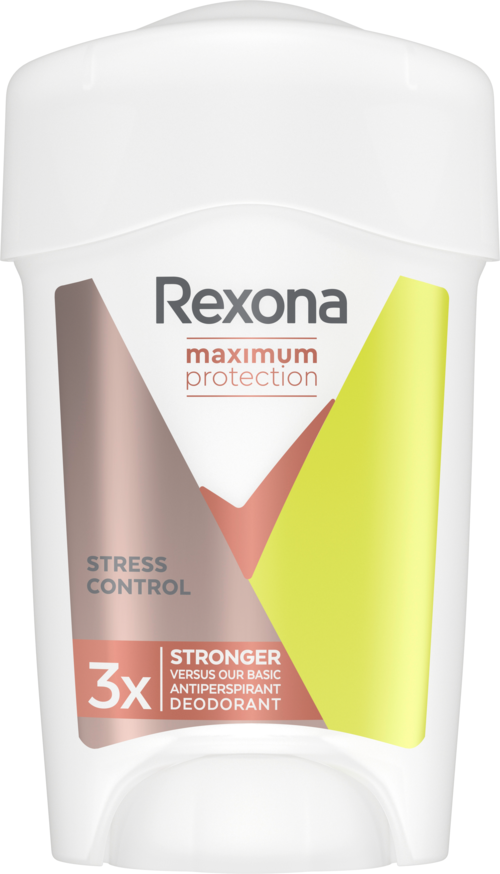 Een witte Rexona-deodorantstift met een kleurrijk label die bescherming en stresscontrole aangeeft.