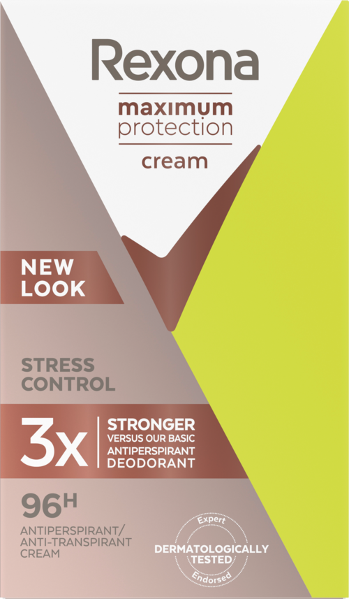 Rexona maximum protection room biedt stresscontrole, duurt 96 uur, en is dermatologisch getest. Het is drie keer sterker.