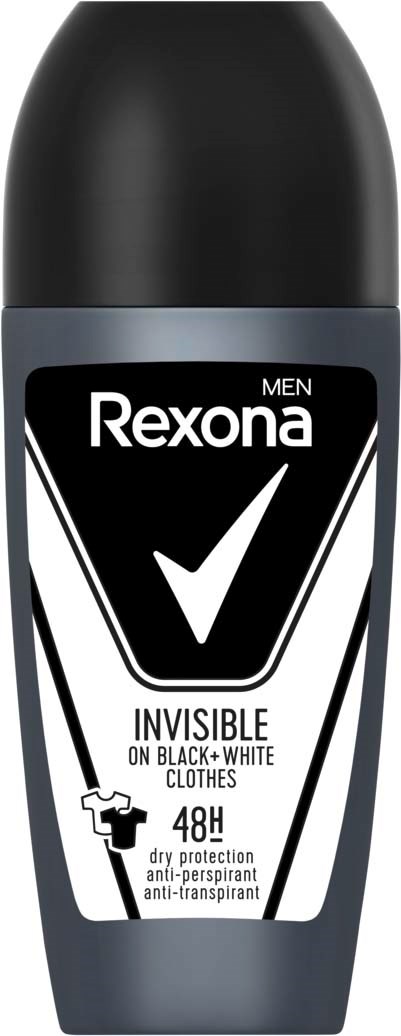 Rexona mannen deo met zwart-wit ontwerp, onzichtbare bescherming op kleding, blijft 48 uur.