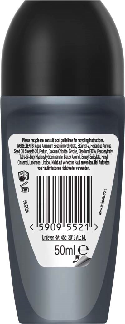 Een kleine grijze fles met zwarte dop toont barcode en ingrediëntenlijst op de achterkant.