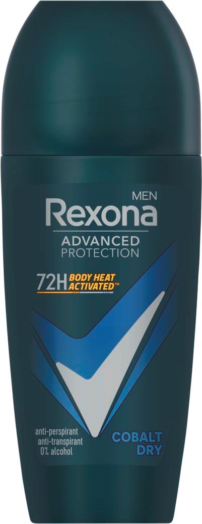 Donkerblauwe roll-on deodorant met een blauwe en witte vinklogo, voor mannen, biedt 72 uur bescherming.
