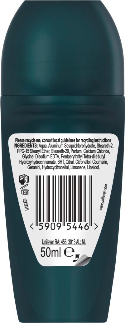 Een donkerblauwe fles met een wit label die ingrediënten en barcode toont, bevat 50ml van het product.