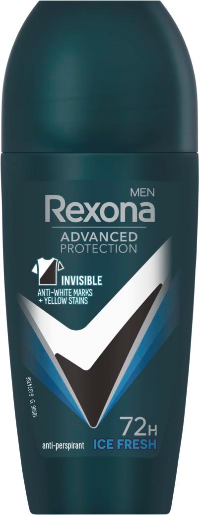 Donkerblauwe Rexona mannen deodorant met witte en blauwe tekst en logo, gemarkeerd als geavanceerde bescherming en ijs frisse geur.