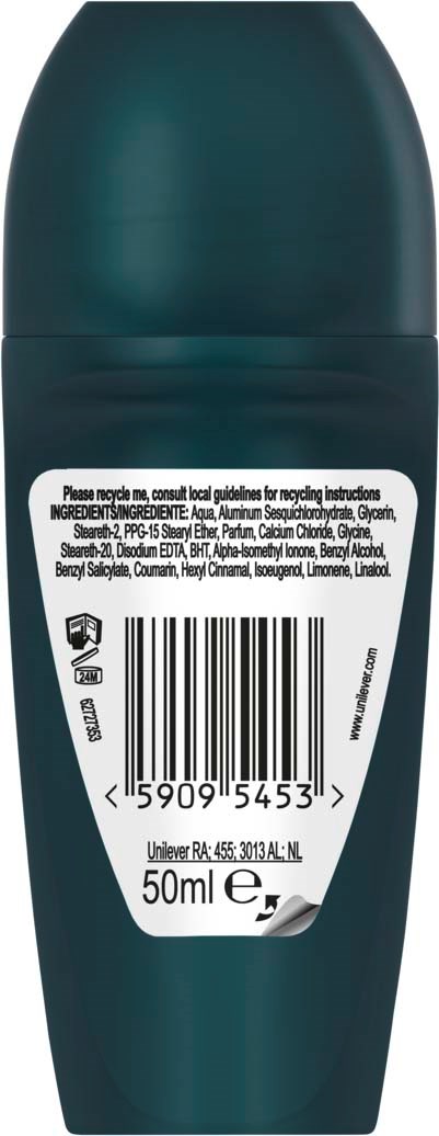 Een donkergroene fles met een wit label met ingrediënten, streepjescode en 50 ml inhoud.