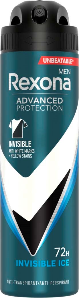 Een bus Rexona Invisible Ice deodorant in blauw en zwart, toont productnaam en kenmerken.